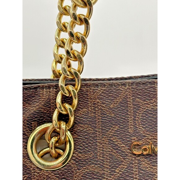 Calvin Klein Signature PVC Tote w/ Chain Strap Shoulder‎ Bag Purse Monogram EUC - Picture 4 of 16